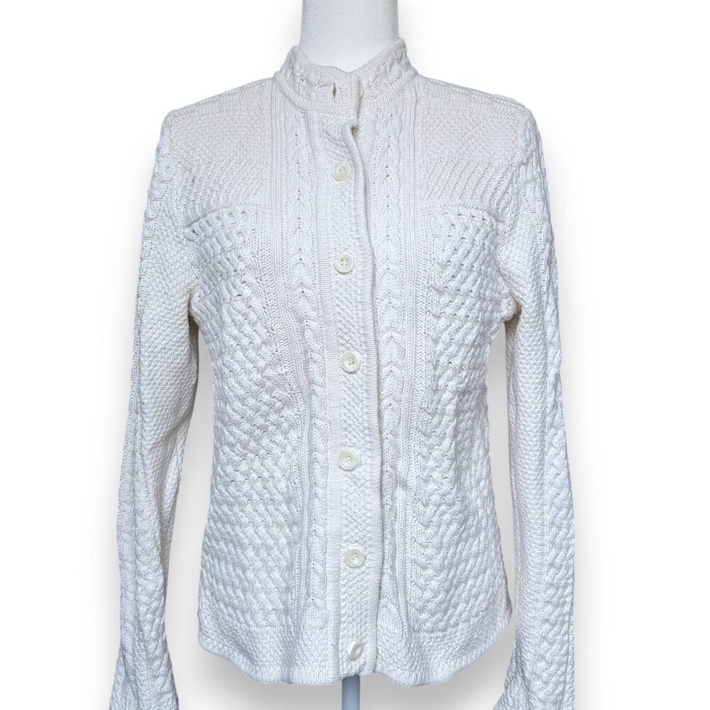 LL Bean Chunky Cable Knit Fisherman Sweater L Cardigan Women Cream Button Front